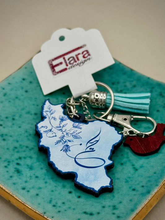 Blue Floral Iran Map Keychain/Bag Charm