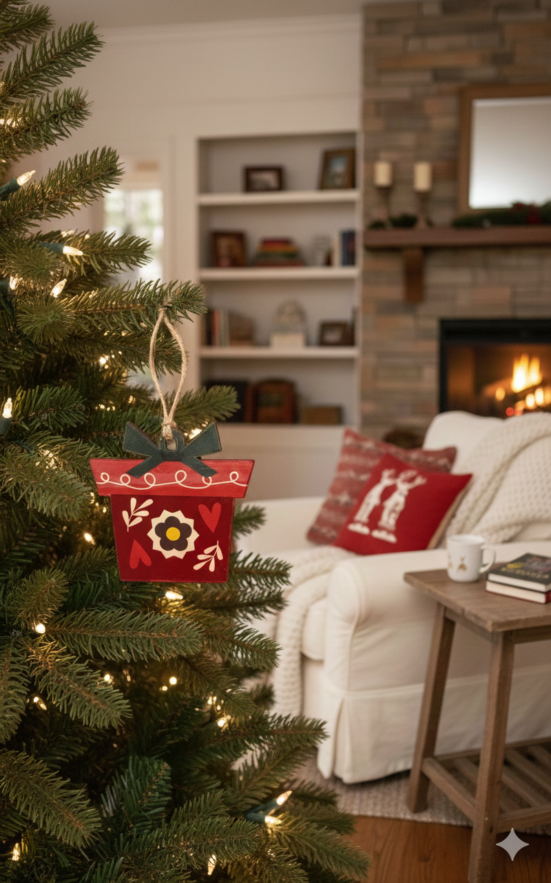 Red Flower Pot Wood Ornament