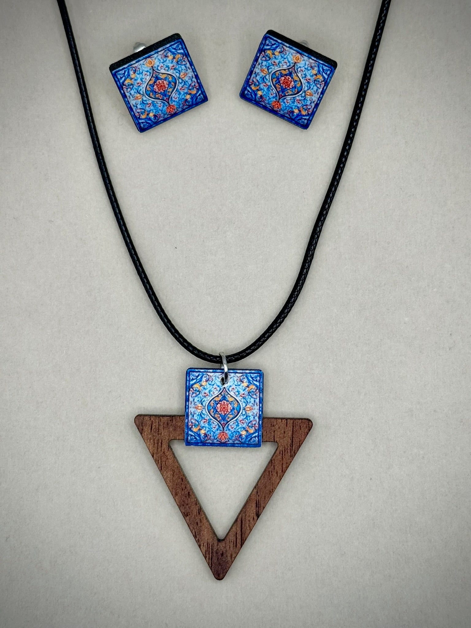 Wooden Tile Charm Necklace & Stud Earrings Set