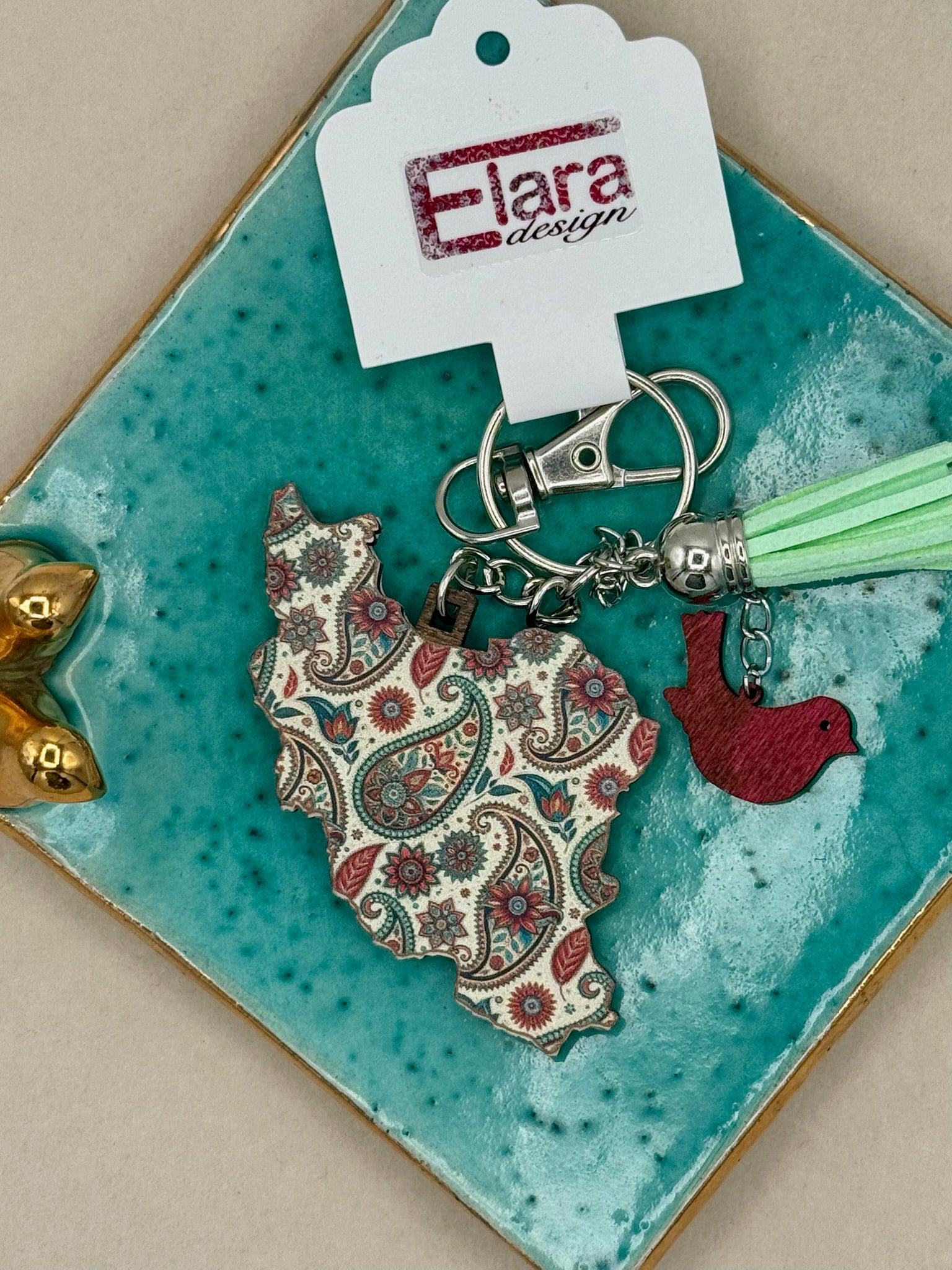 Iran Map Keychain with Paisley Pattern