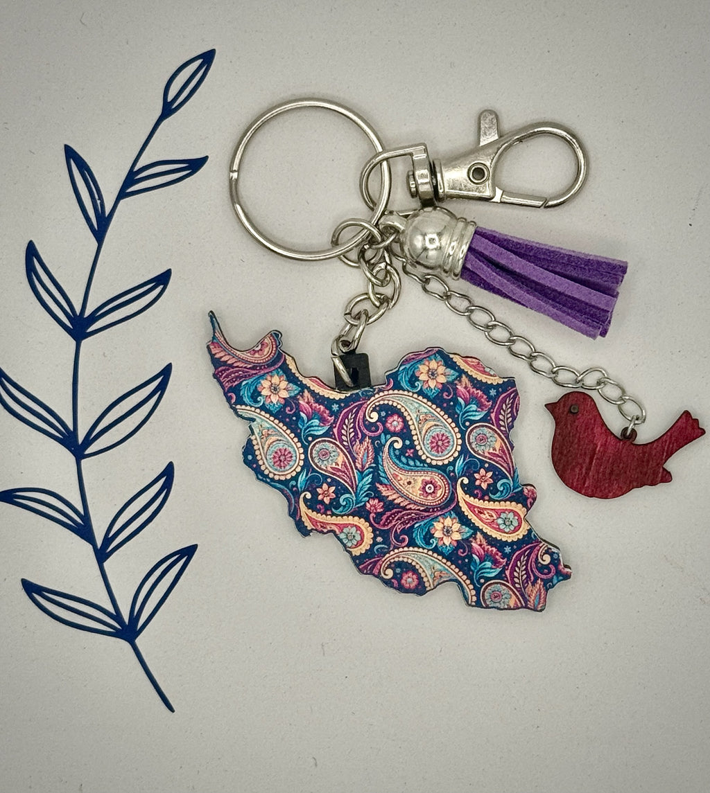 Iran Map Keychain with Paisley Pattern