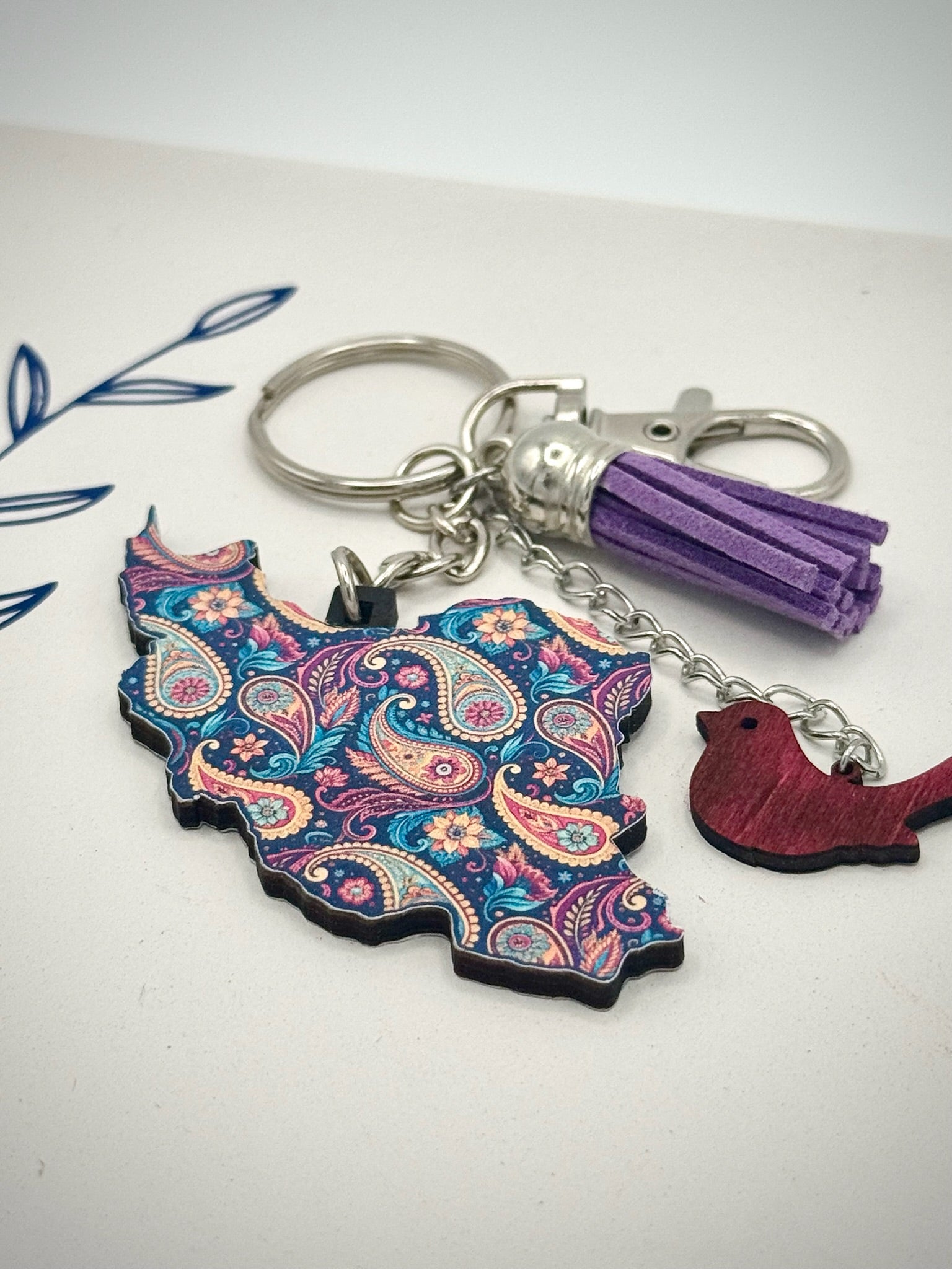 Iran Map Keychain with Paisley Pattern