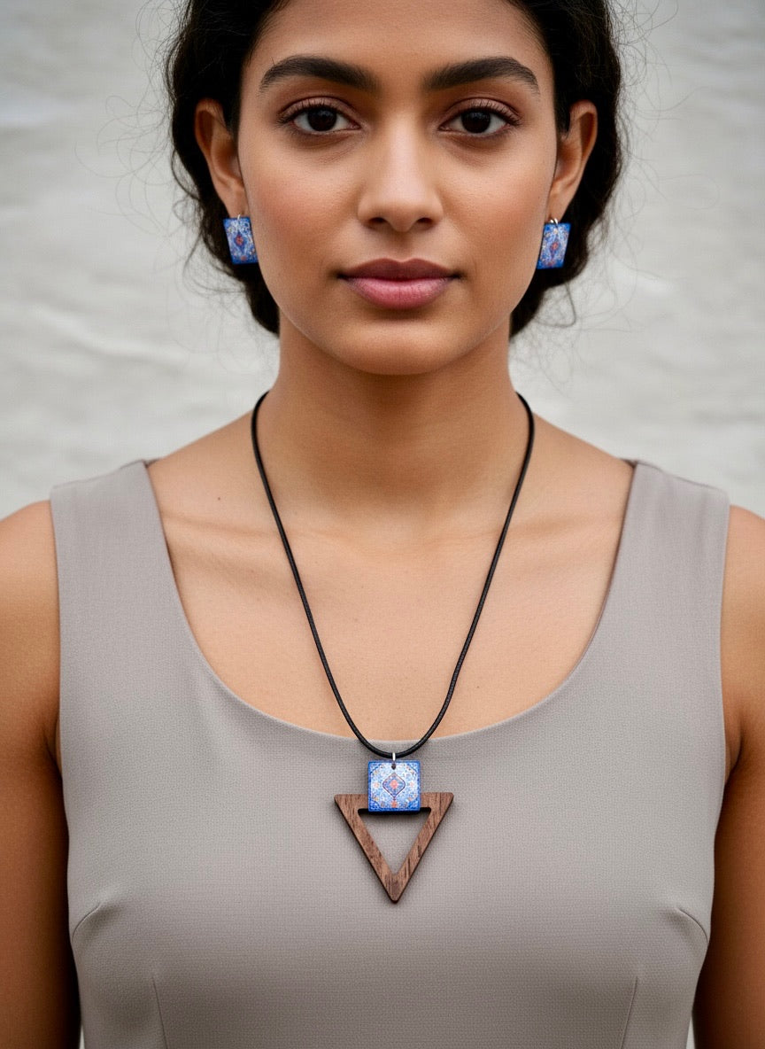 Wooden Tile Charm Necklace & Stud Earrings Set