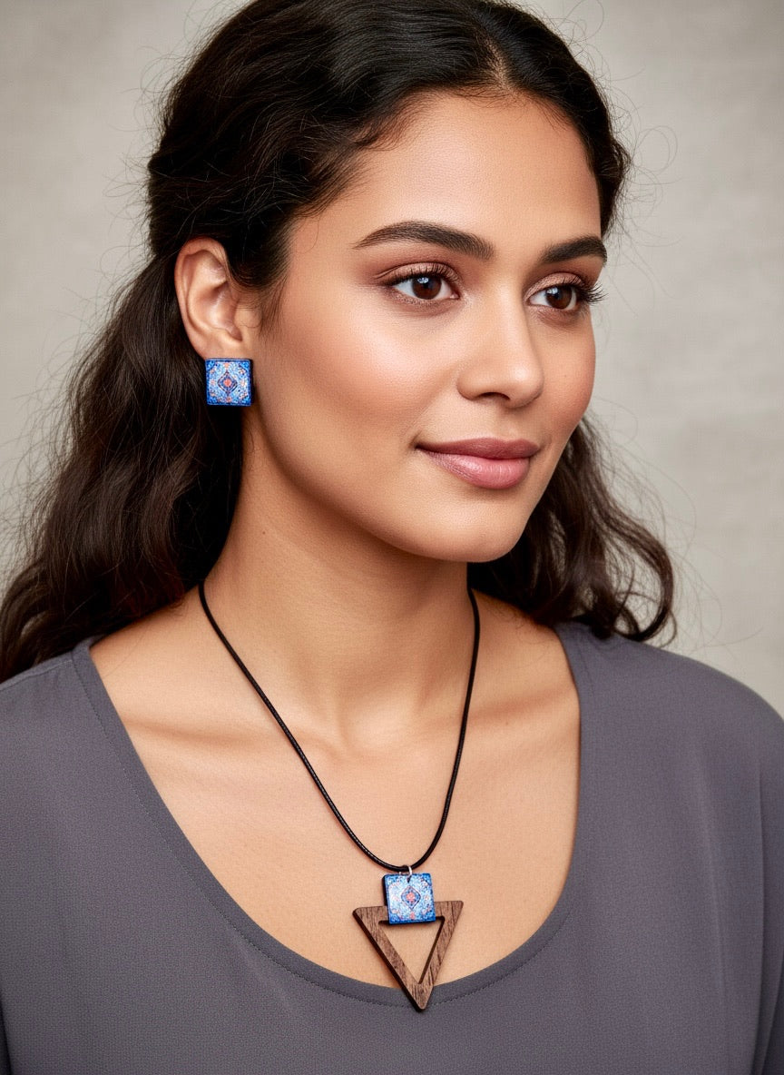Wooden Tile Charm Necklace & Stud Earrings Set