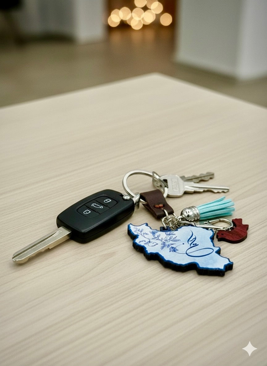 Blue Floral Iran Map Keychain/Bag Charm