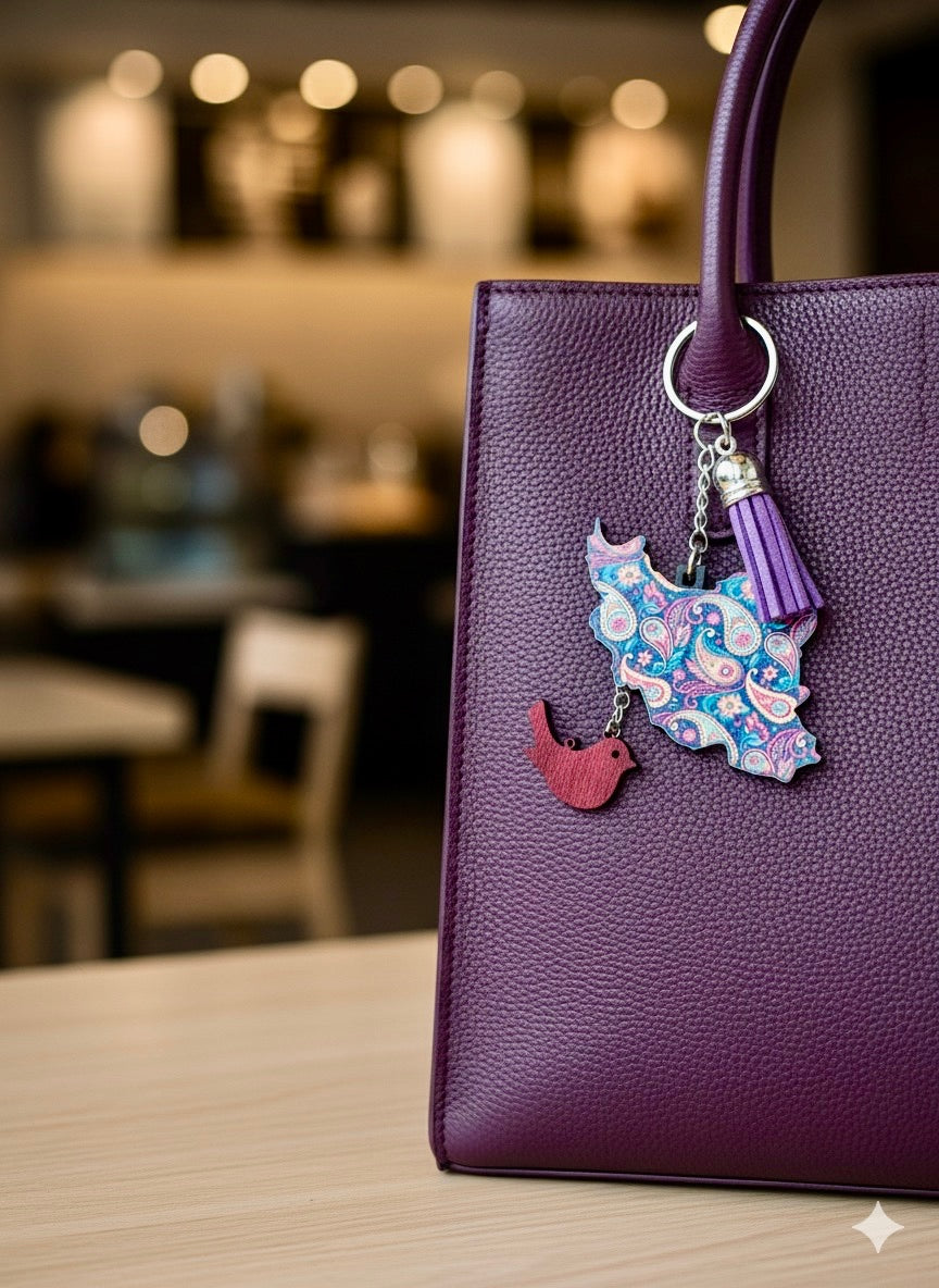 Iran Map Keychain with Paisley Pattern