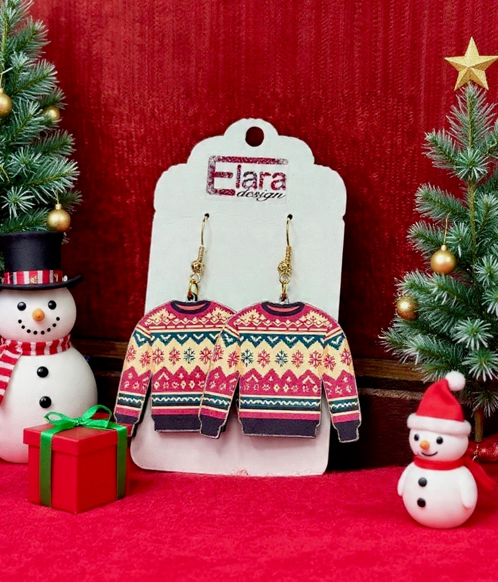Cozy Winter Sweater Wood Earrings