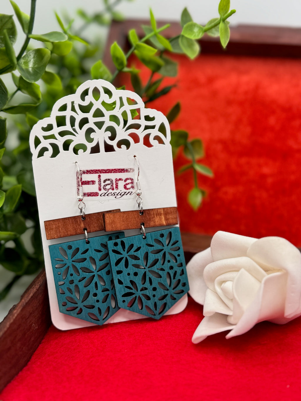 Intricate Floral Laser-Cut Wood Dangle Earrings