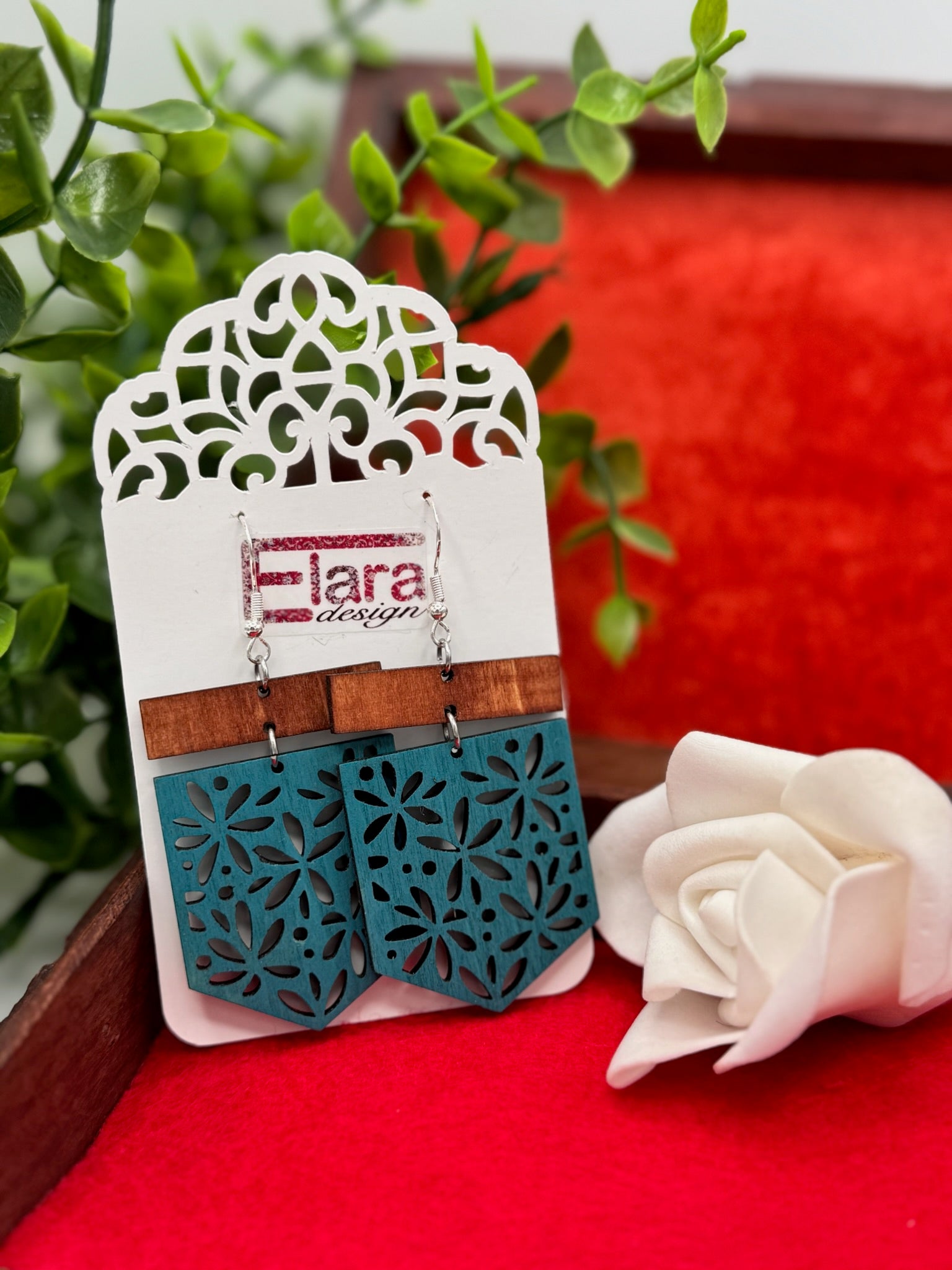 Intricate Floral Laser-Cut Wood Dangle Earrings