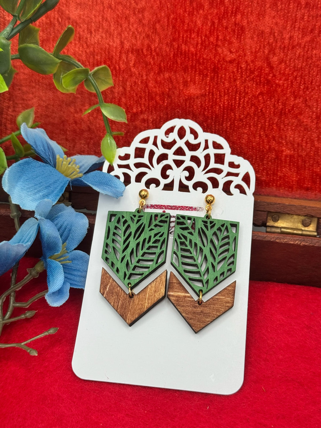 Laser Cut Leaf Pattern Wood Earrings