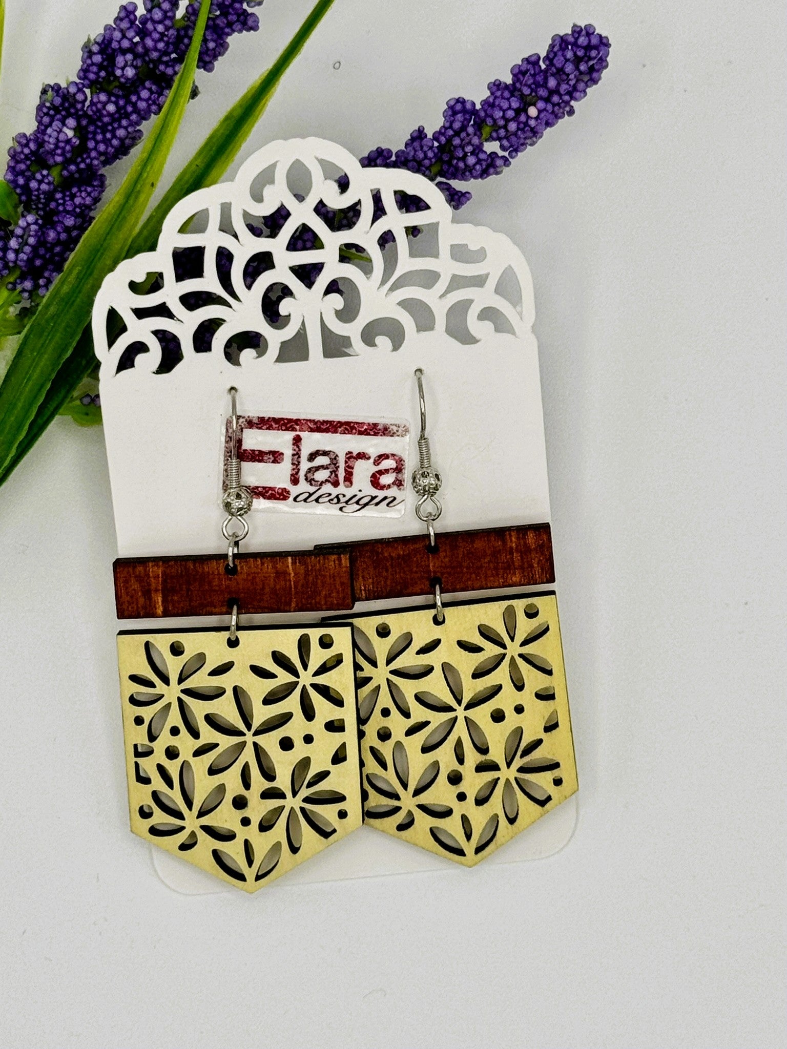 Intricate Floral Laser-Cut Wood Dangle Earrings