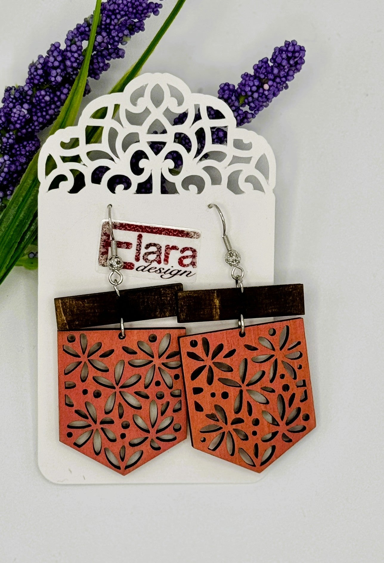 Intricate Floral Laser-Cut Wood Dangle Earrings