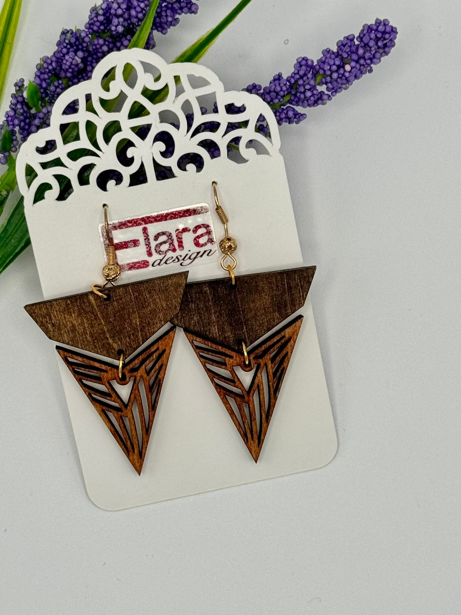 Dark Wood Geometric Laser-Cut Triangle Earrings