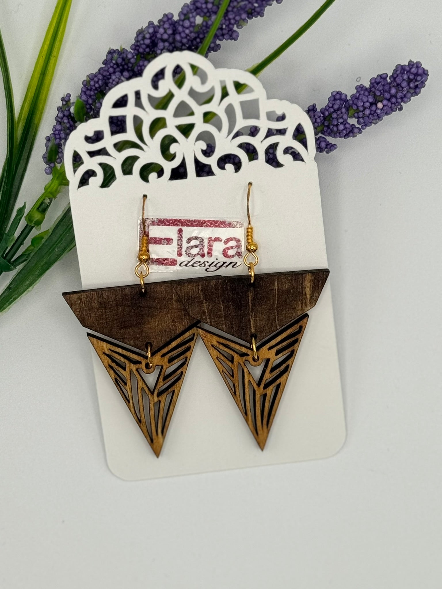 Dark Wood Geometric Laser-Cut Triangle Earrings