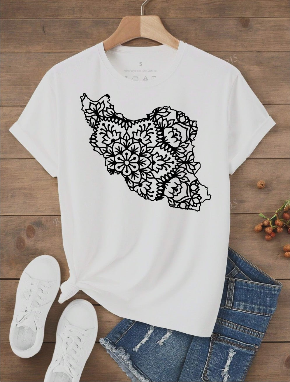 Iran Map Floral Mandala Design T-shirt, Men/Women