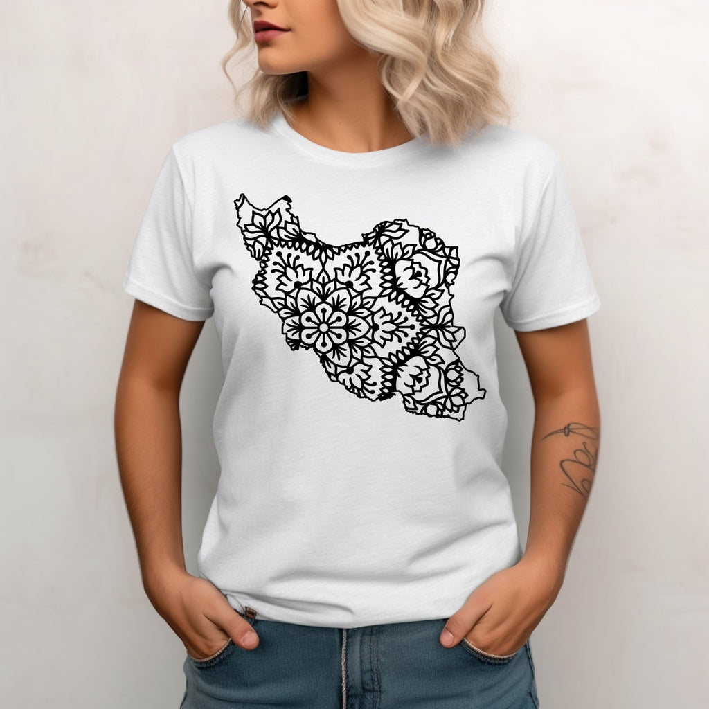 Iran Map Floral Mandala Design T-shirt, Men/Women