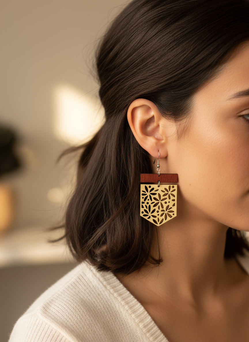 Intricate Floral Laser-Cut Wood Dangle Earrings
