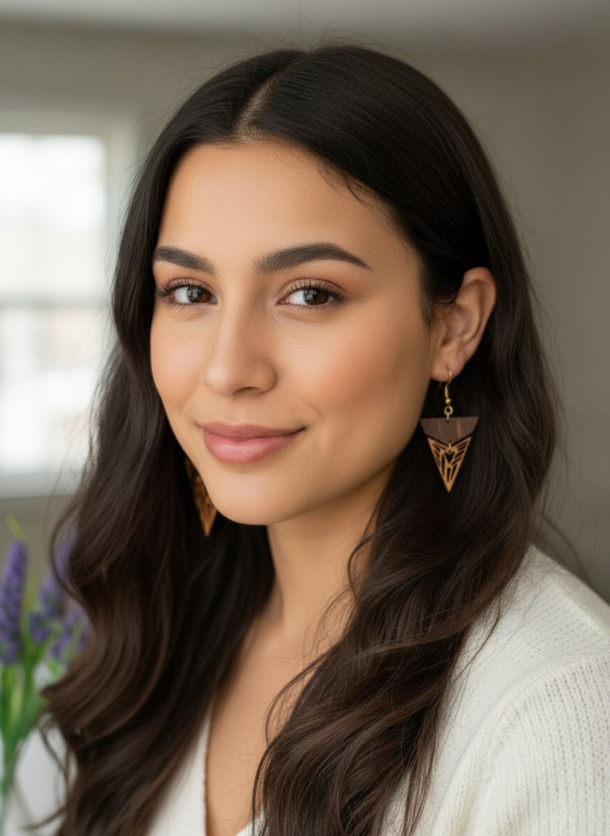 Dark Wood Geometric Laser-Cut Triangle Earrings