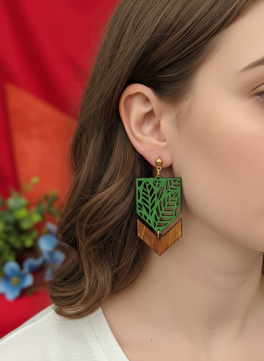 Laser Cut Leaf Pattern Wood Earrings